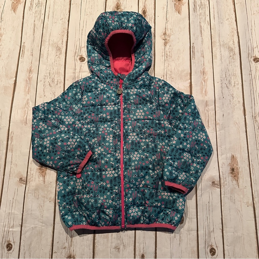 Frugi teal floral jacket 4/5 guc pilling